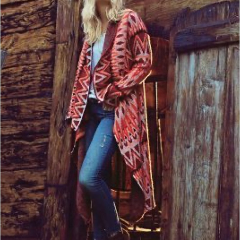 Anthropologie Sleeping On Snow Red Wool Long Open Front Waterfall Cardigan XS - Picture 2 of 6